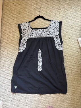 Black Sleeveless Mini Dress with White Embroidered Yoke